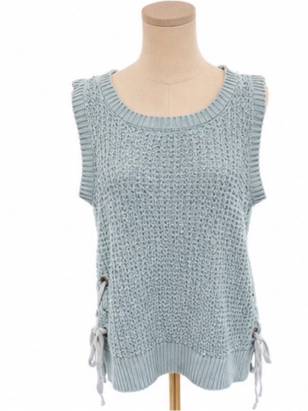 Easel Sleeveless Lace Up Side Knit Tank Top - Light Blue Textured Pullover Large